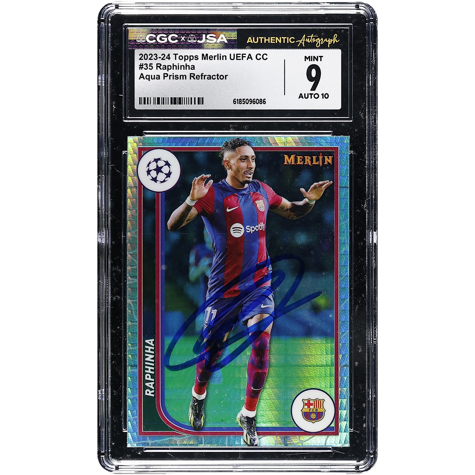 Raphinha Barcelona Autographed 2023-24 Topps Merlin UEFA CC Aqua Prism Refractor #35 CGC Authenticated 9/10 Card