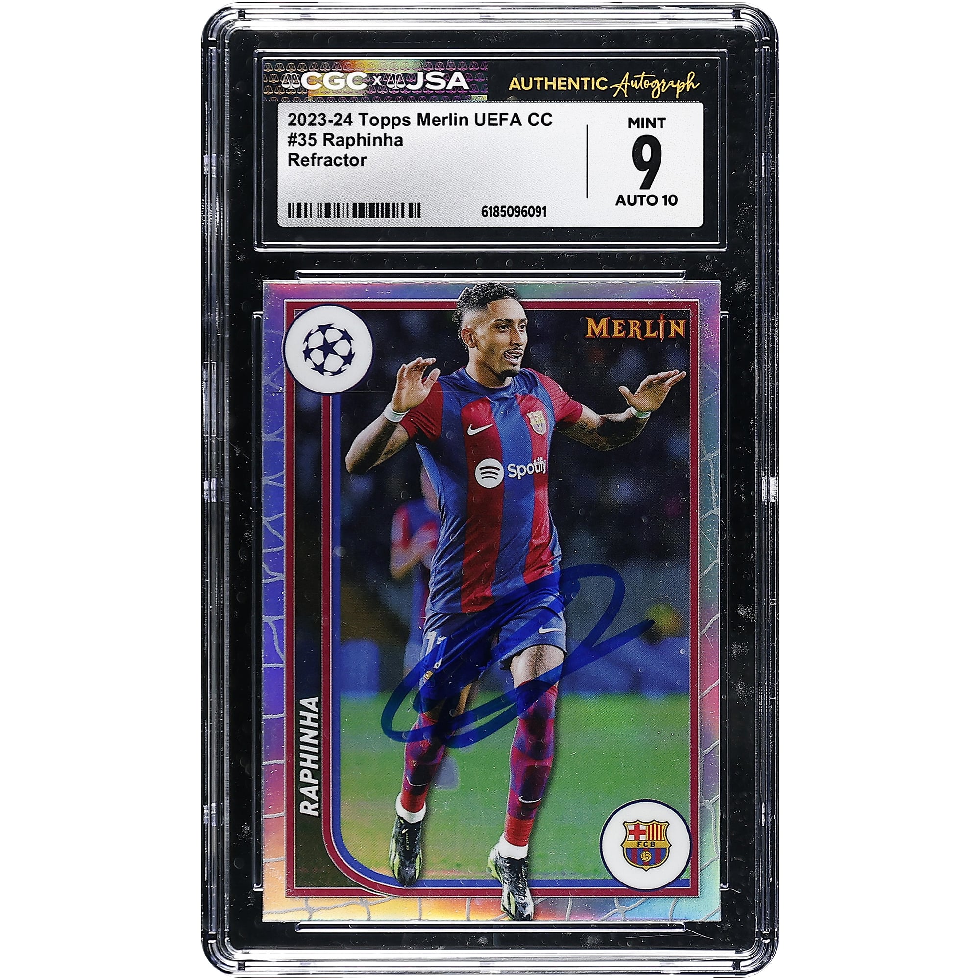 Raphinha Barcelona Autographed 2023-24 Topps Merlin UEFA CC Refractor #35 CGC Authenticated 9/10 Card