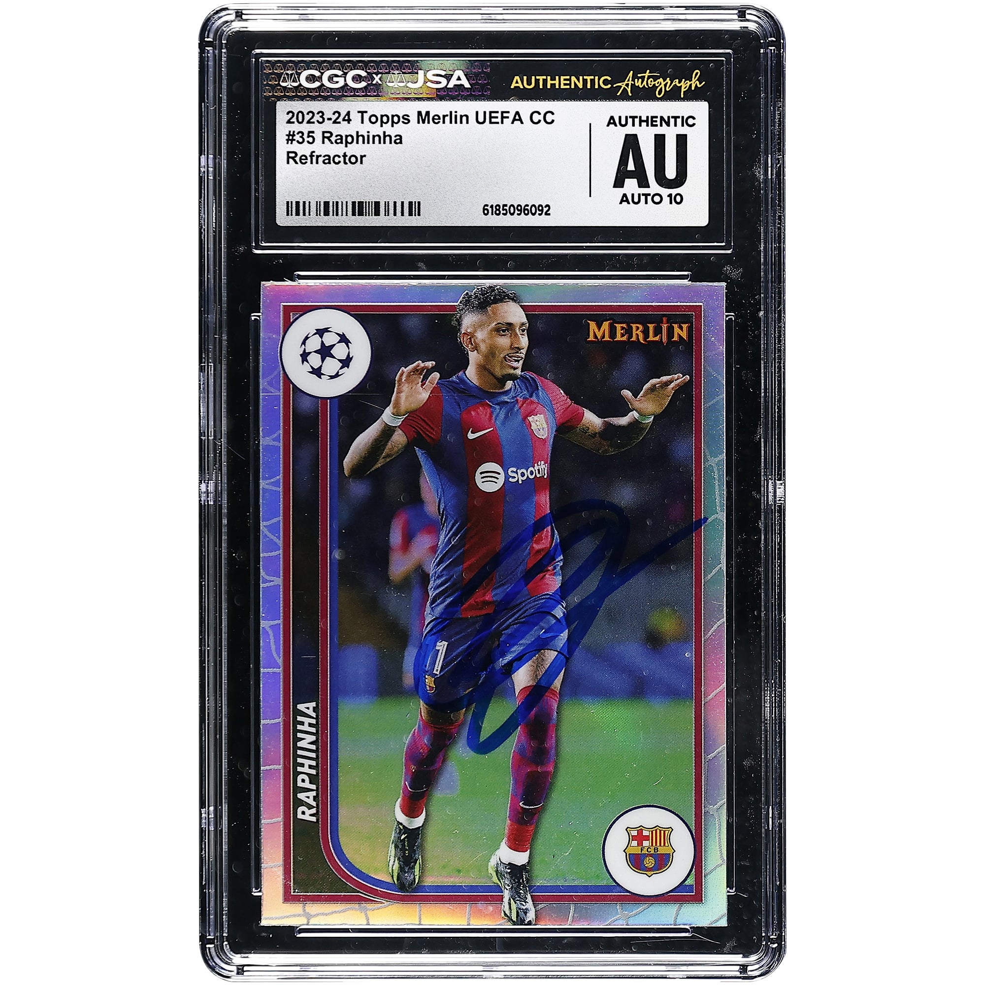 Raphinha Barcelona Autographed 2023-24 Topps Merlin UEFA CC Refractor #35 CGC Authenticated Auto 10 Card