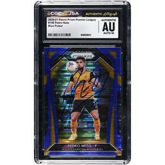 Pedro Neto Wolverhampton Wanderers Autographed 2020-21 Panini Prizm Premier League Blue Pulsar #150 CGC Authenticated Auto 10 Card