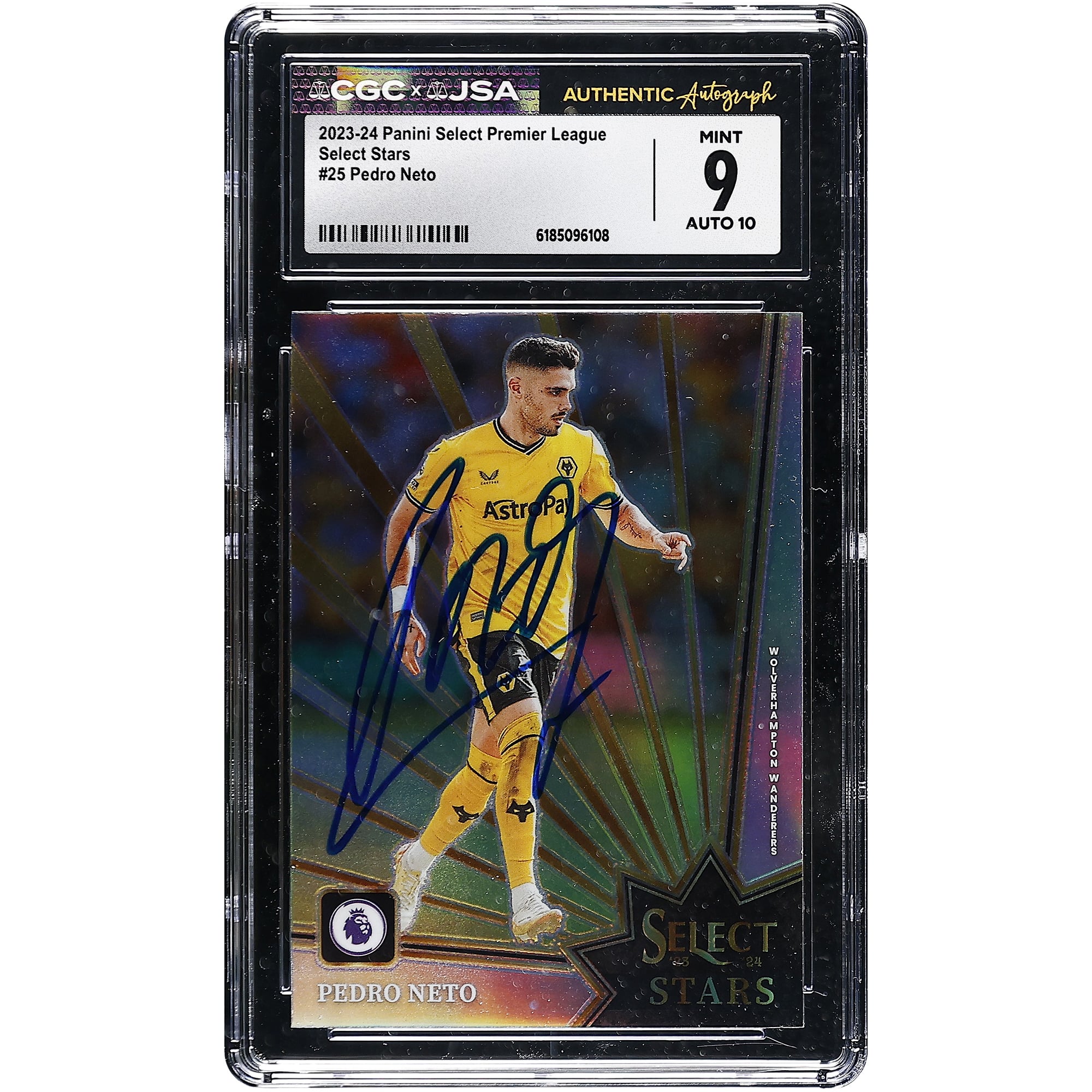Pedro Neto Wolverhampton Wanderers Autographed 2023-24 Panini Select Premier League Select Stars #25 CGC Authenticated 9/10 Card