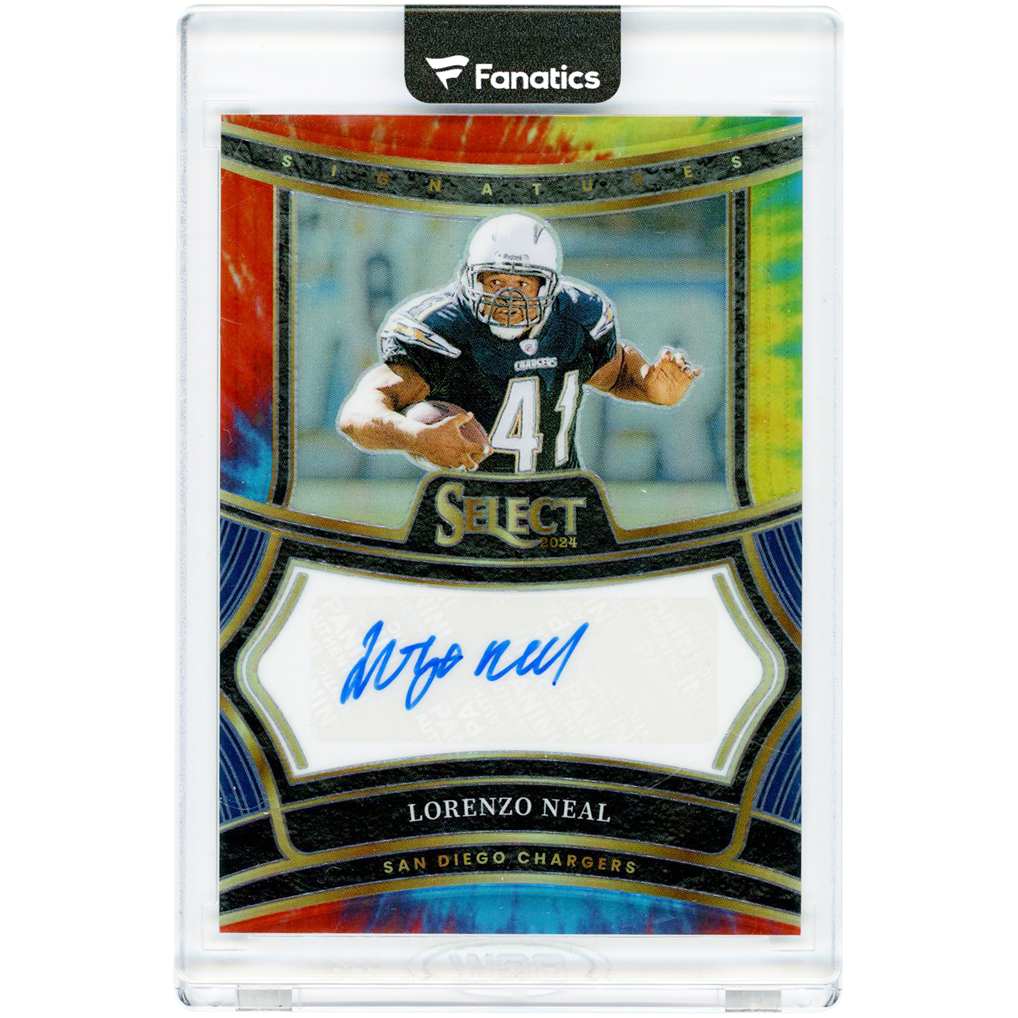 Lorenzo Neal San Diego Chargers Autographed 2024 Panini Select Signatures Tie-Dye Prizm #SP-LNL #25/25 Card. rookie card picture