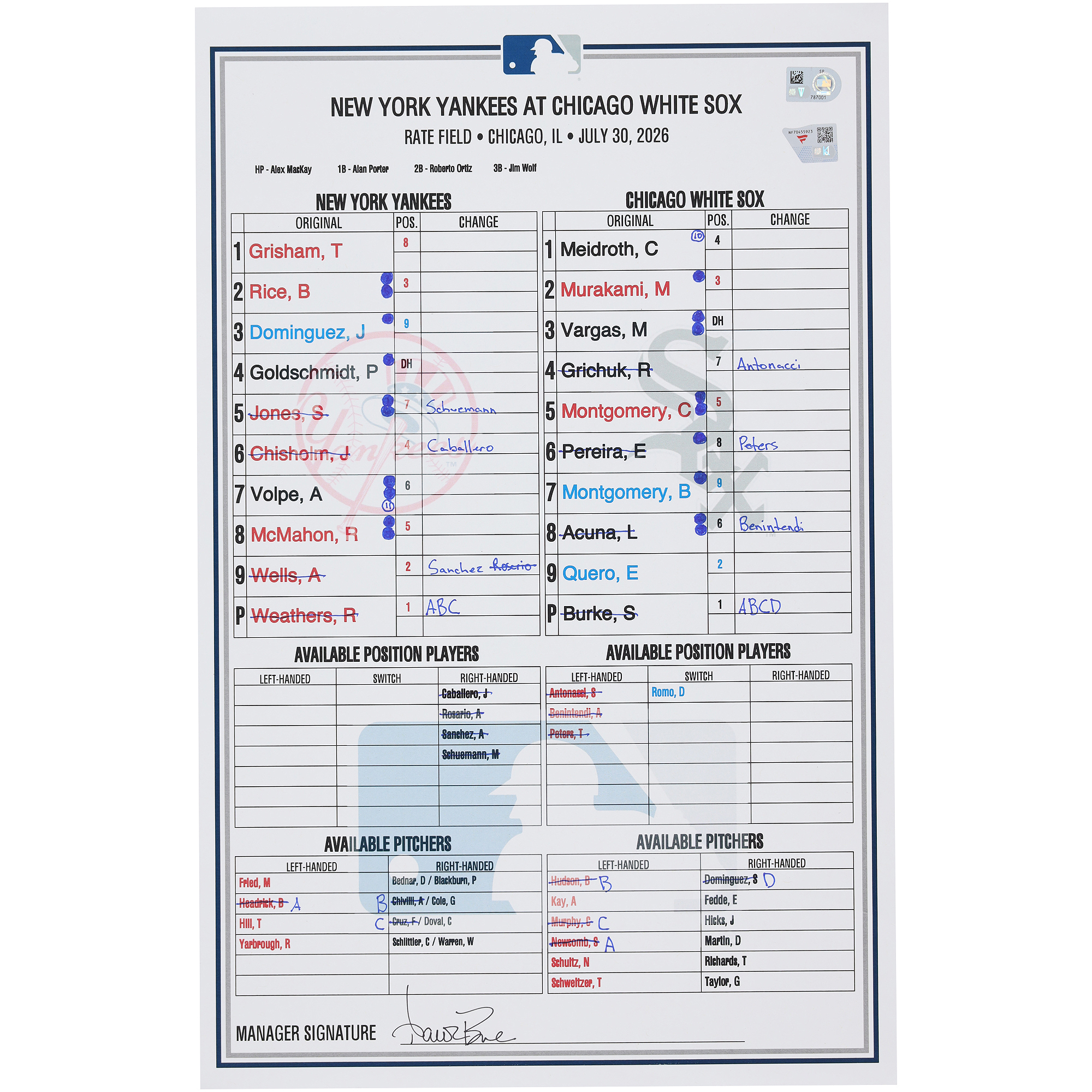 New York Yankees Game-Used Lineup Card vs. Chicago White Sox on July 30, 2026