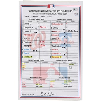 Washington Nationals Game-Used Lineup Card vs. Philadelphia Phillies on August 6, 2026