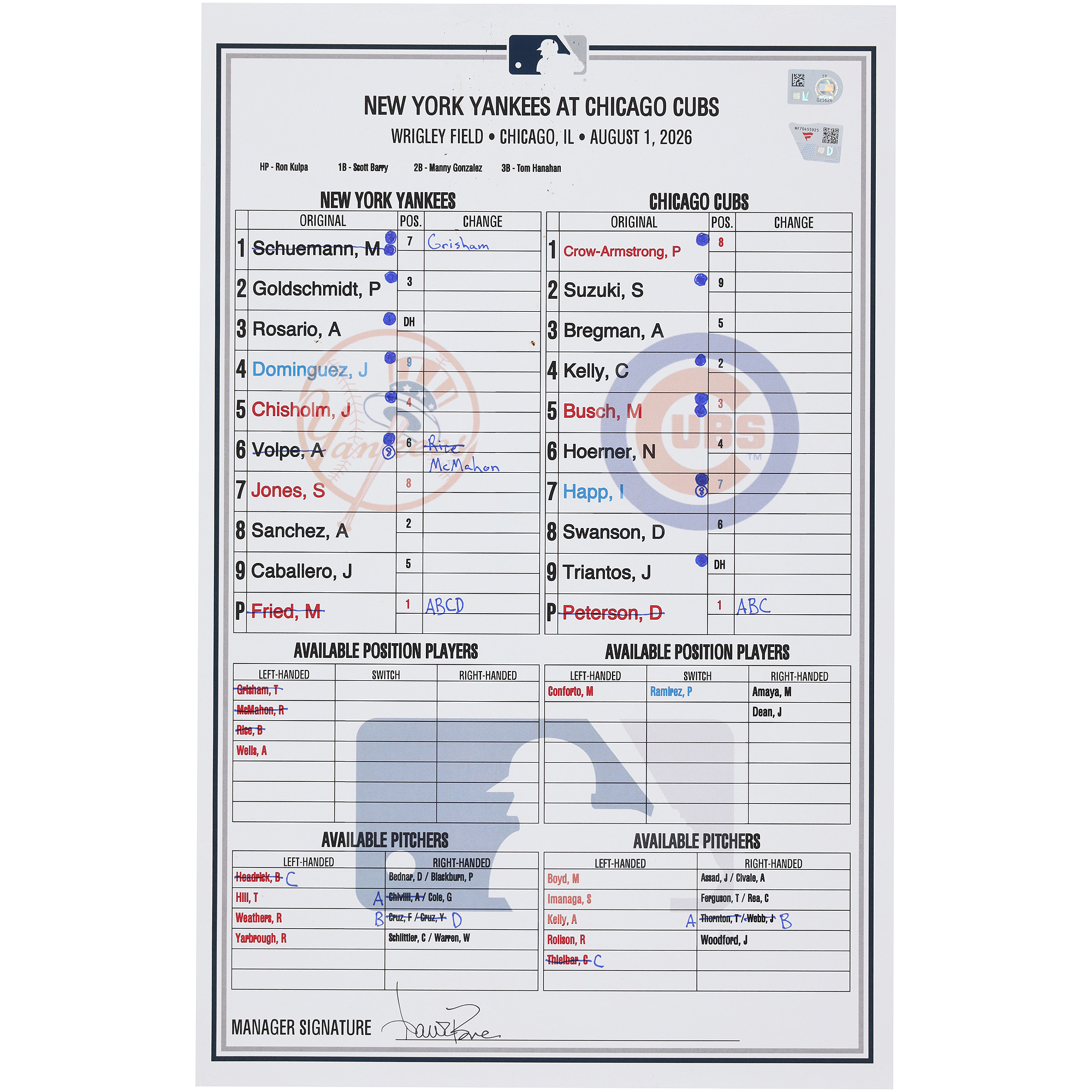 New York Yankees Game-Used Lineup Card vs. Chicago Cubs on August 1, 2026