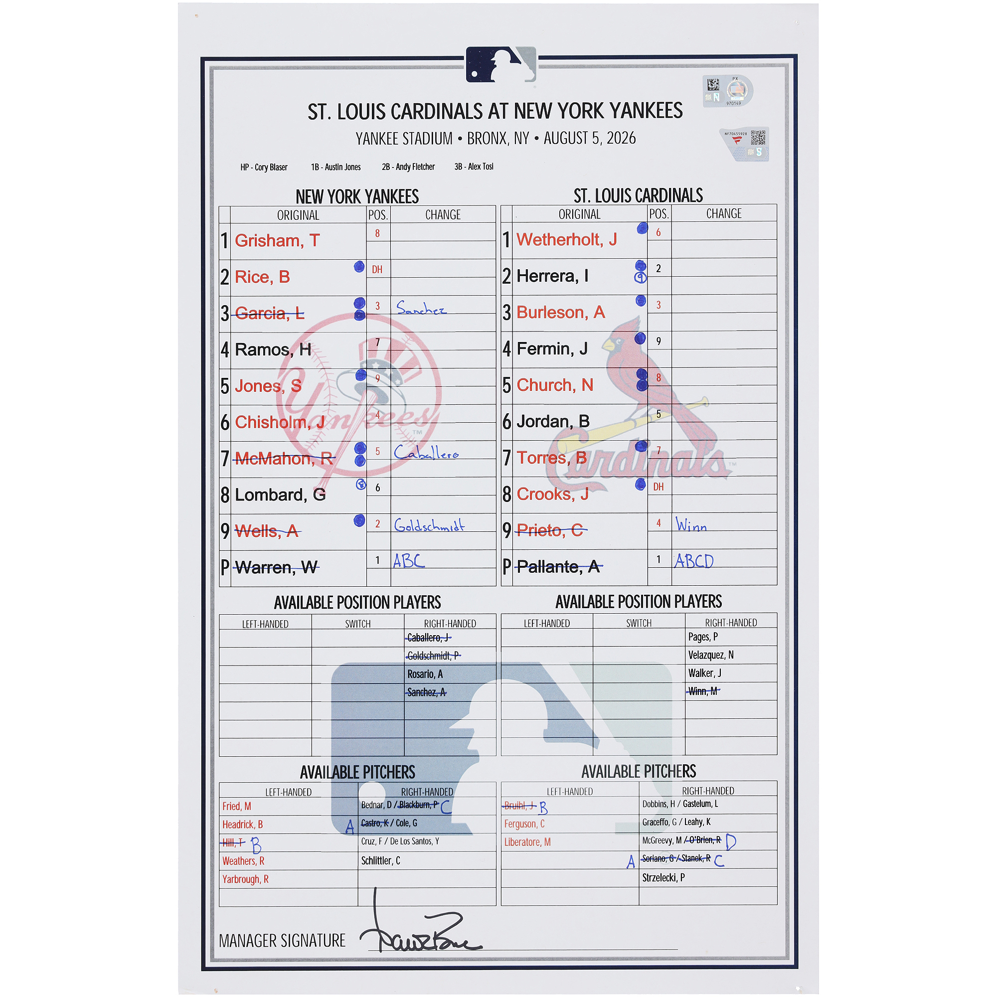 New York Yankees Game-Used Lineup Card vs. St. Louis Cardinals on August 5, 2026