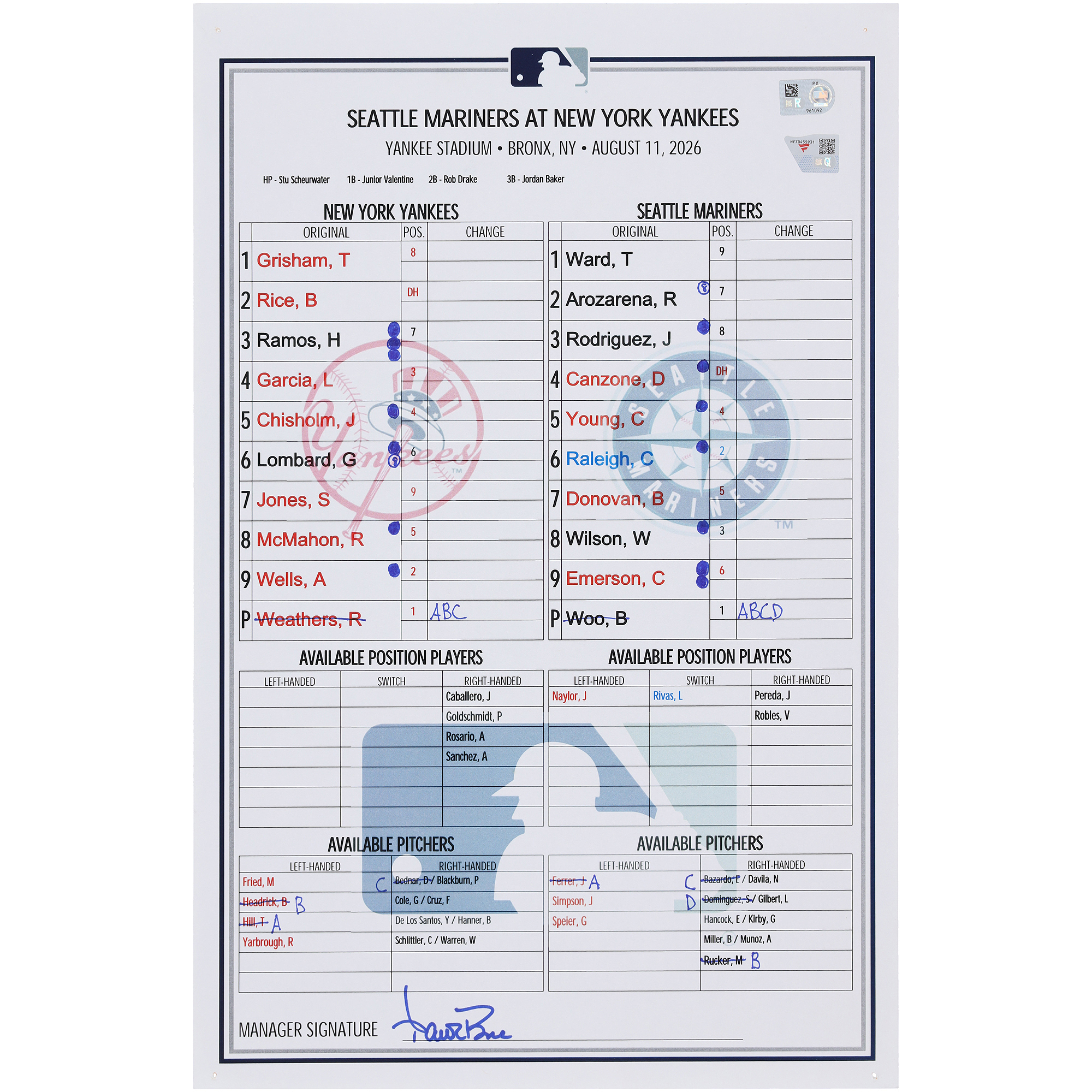 New York Yankees Game-Used Lineup Card vs. Seattle Mariners on August 11, 2026