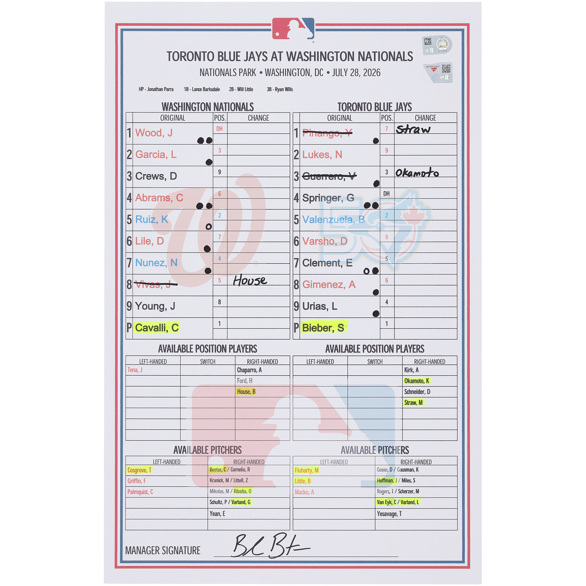 Washington Nationals Game-Used Lineup Card vs. Toronto Blue Jays on July 28, 2026
