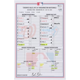 Washington Nationals Game-Used Lineup Card vs. Toronto Blue Jays on July 28, 2026