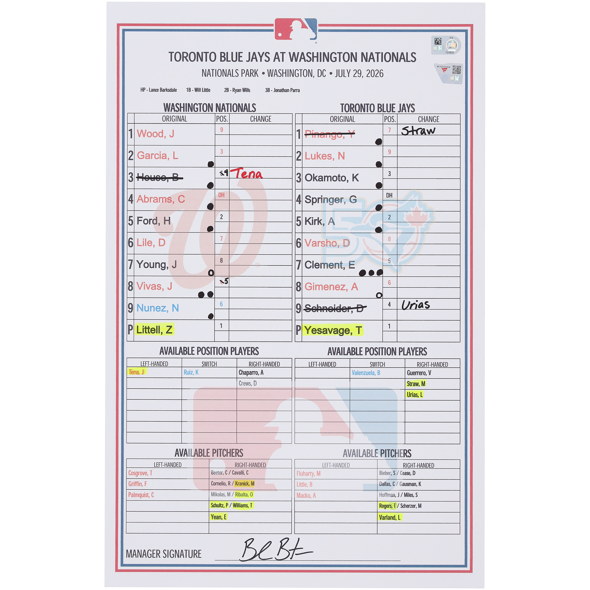 Washington Nationals Game-Used Lineup Card vs. Toronto Blue Jays on July 29, 2026