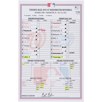 Washington Nationals Game-Used Lineup Card vs. Toronto Blue Jays on July 29, 2026