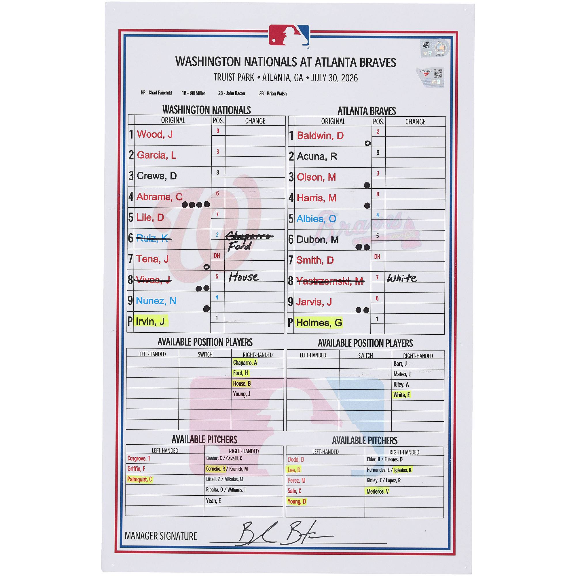 Washington Nationals Game-Used Lineup Card vs. Atlanta Braves on July 30, 2026