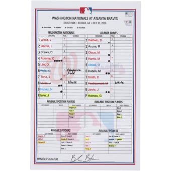 Washington Nationals Game-Used Lineup Card vs. Atlanta Braves on July 30, 2026