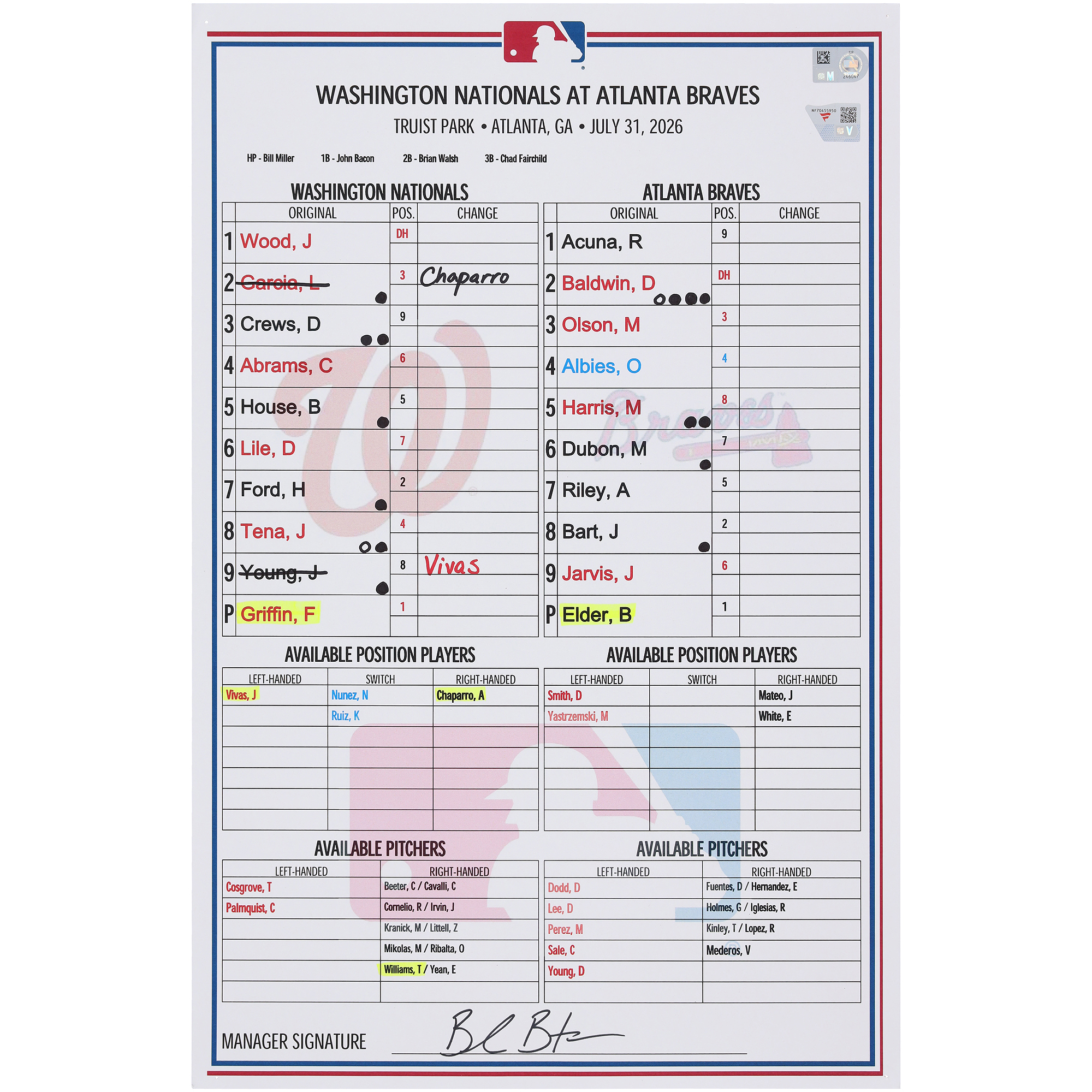 Washington Nationals Game-Used Lineup Card vs. Atlanta Braves on July 31, 2026