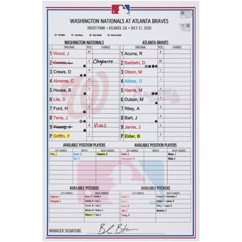 Washington Nationals Game-Used Lineup Card vs. Atlanta Braves on July 31, 2026