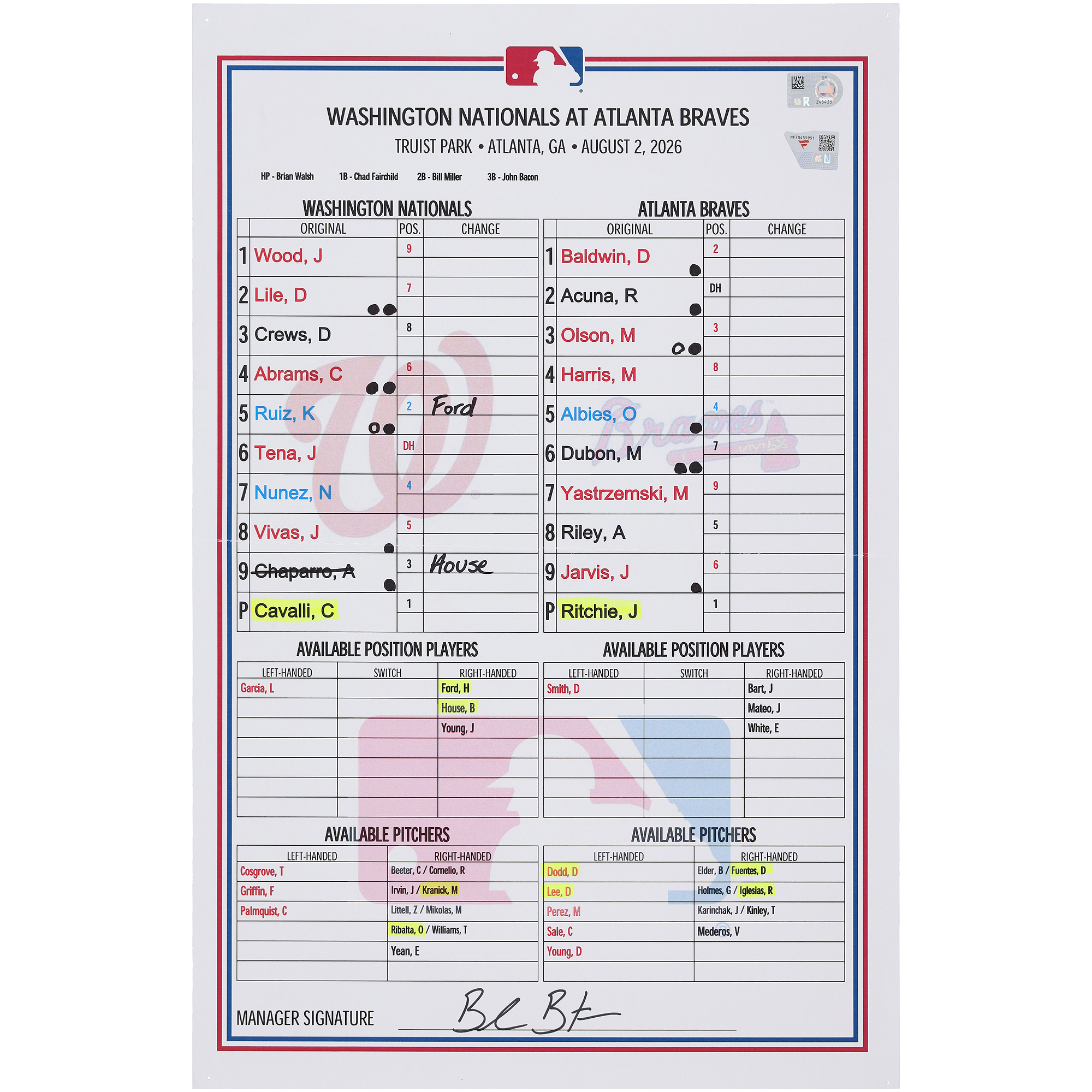 Washington Nationals Game-Used Lineup Card vs. Atlanta Braves on August 2, 2026