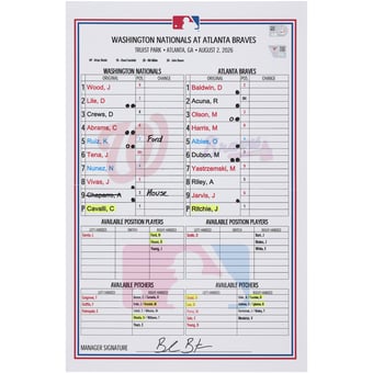 Washington Nationals Game-Used Lineup Card vs. Atlanta Braves on August 2, 2026