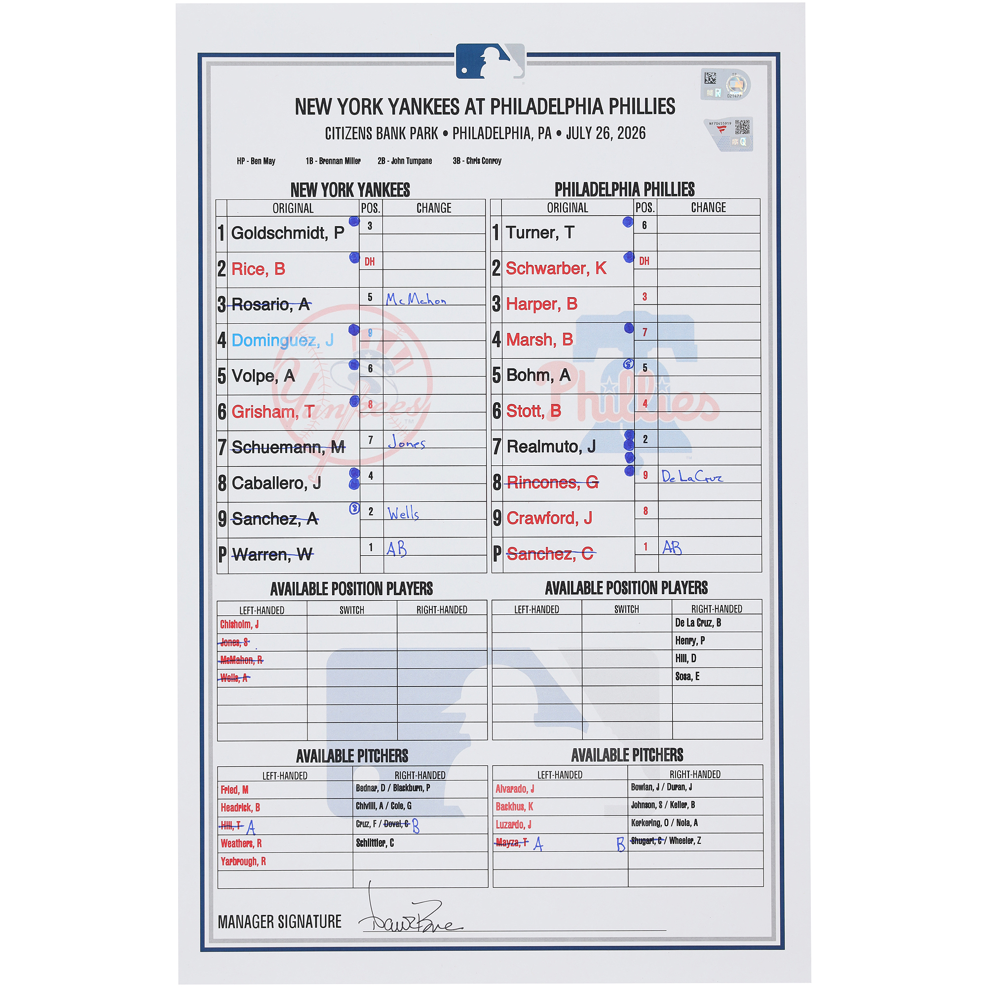 New York Yankees Game-Used Lineup Card vs. Philadelphia Phillies on July 26, 2026