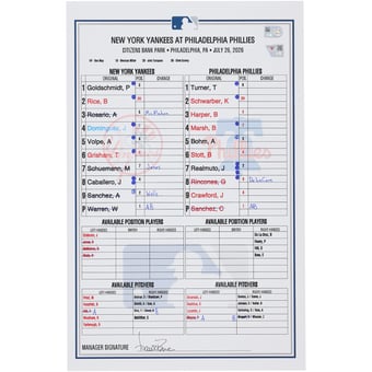New York Yankees Game-Used Lineup Card vs. Philadelphia Phillies on July 26, 2026