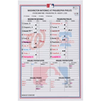 Washington Nationals Game-Used Lineup Card vs. Philadelphia Phillies on August 4, 2026