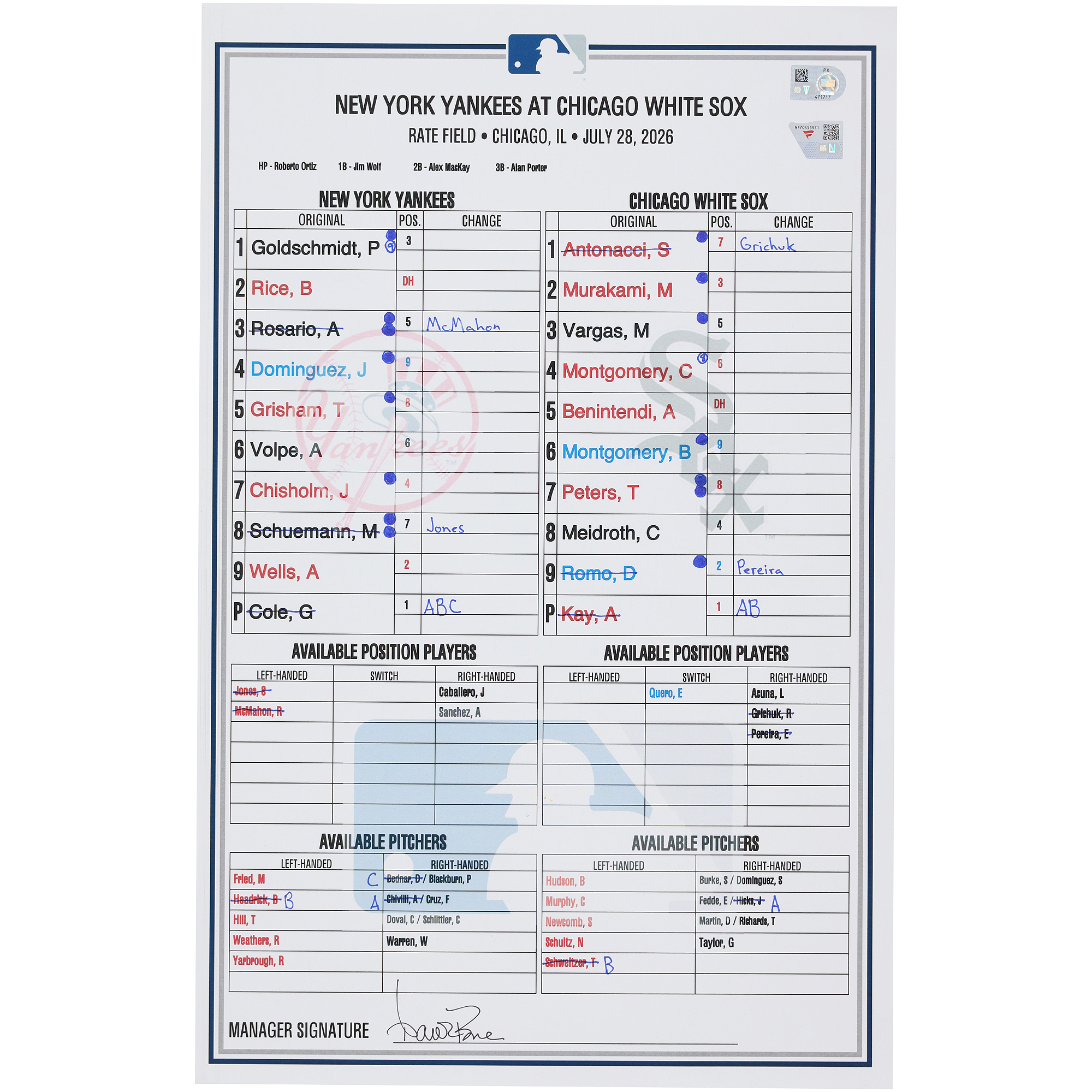 New York Yankees Game-Used Lineup Card vs. Chicago White Sox on July 28, 2026