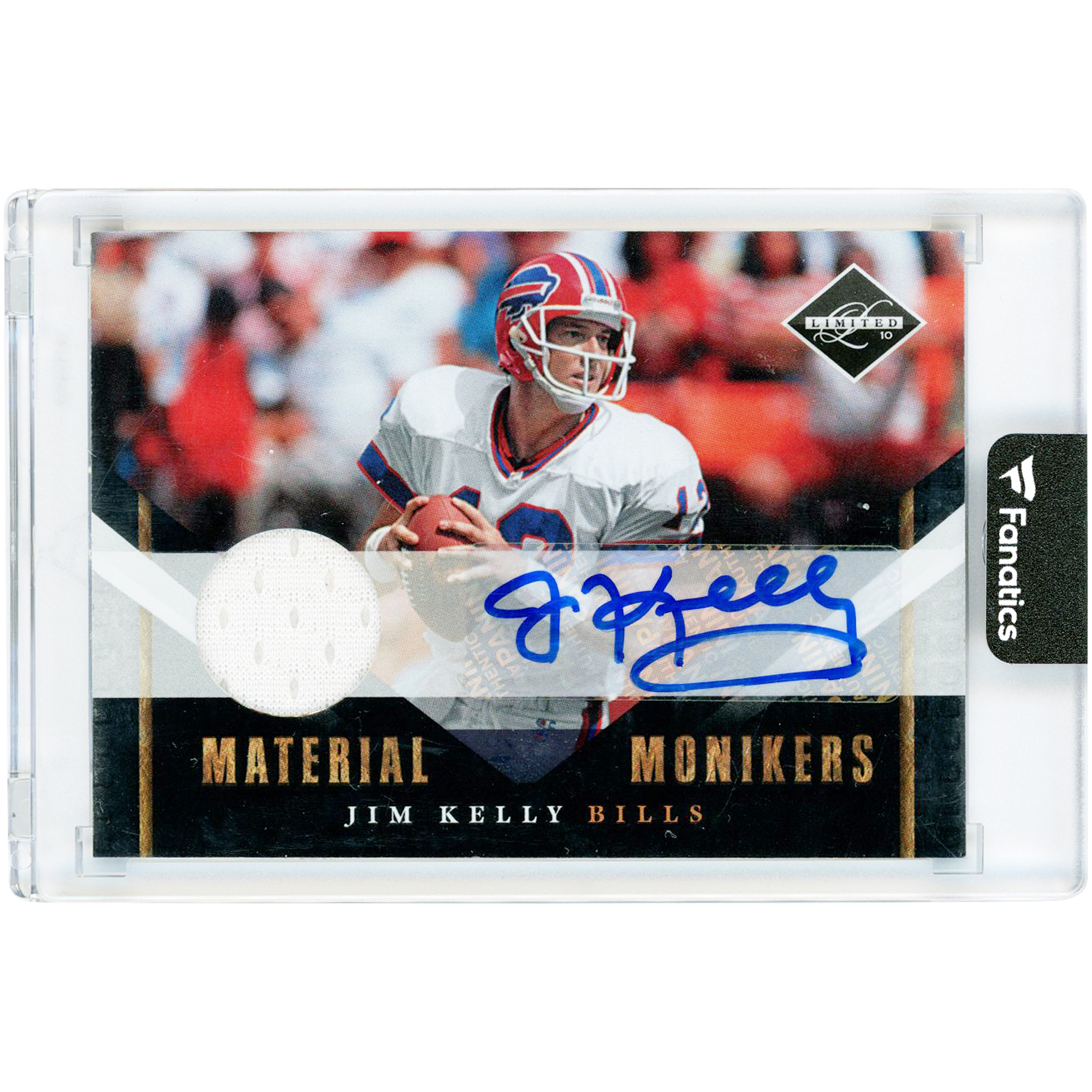 Jim Kelly Buffalo Bills Autographed 2010 Panini Leaf Limited Material Monikers Game Used Jersey Relic #25 #19/25 Card