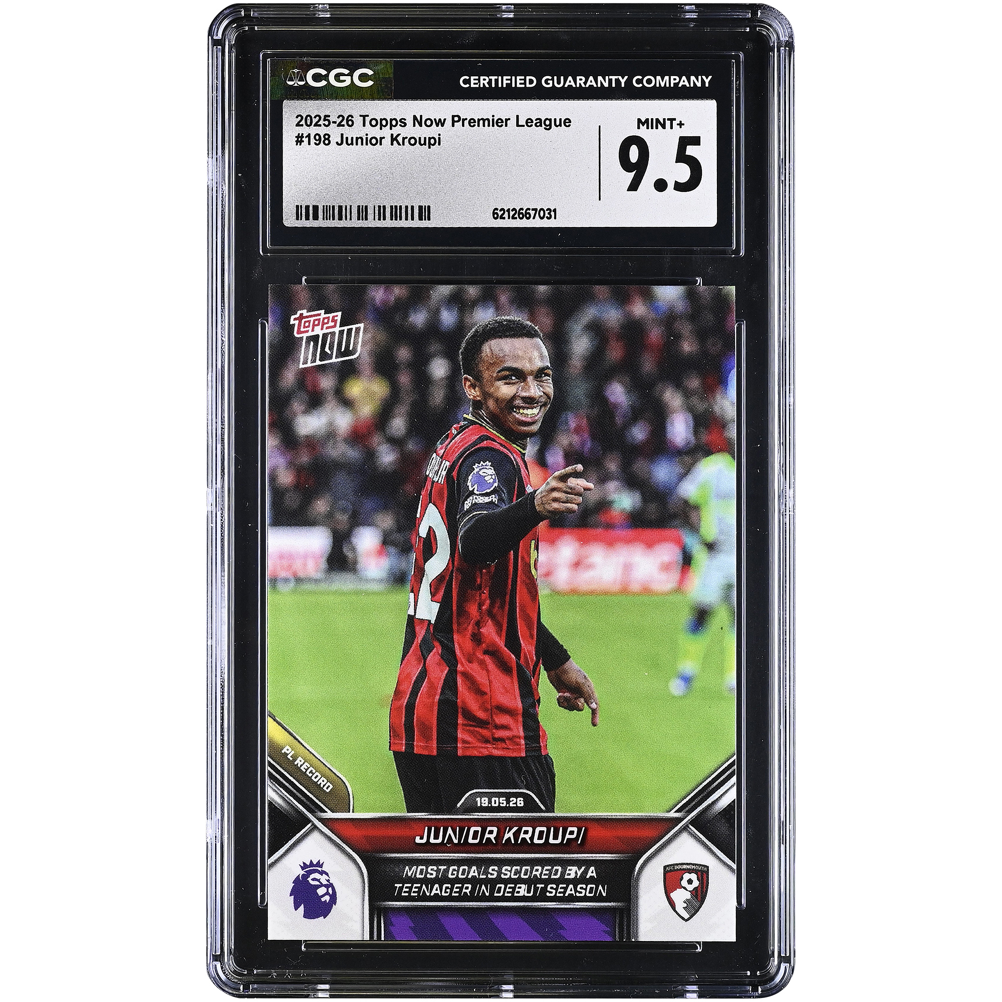 Junior Kroupi AFC Bournemouth 2025-26 Topps Now Premier League Most Goals Scored By a Teenager in Debut Season #198 CGC Authenticated MINT+ 9.5 Card