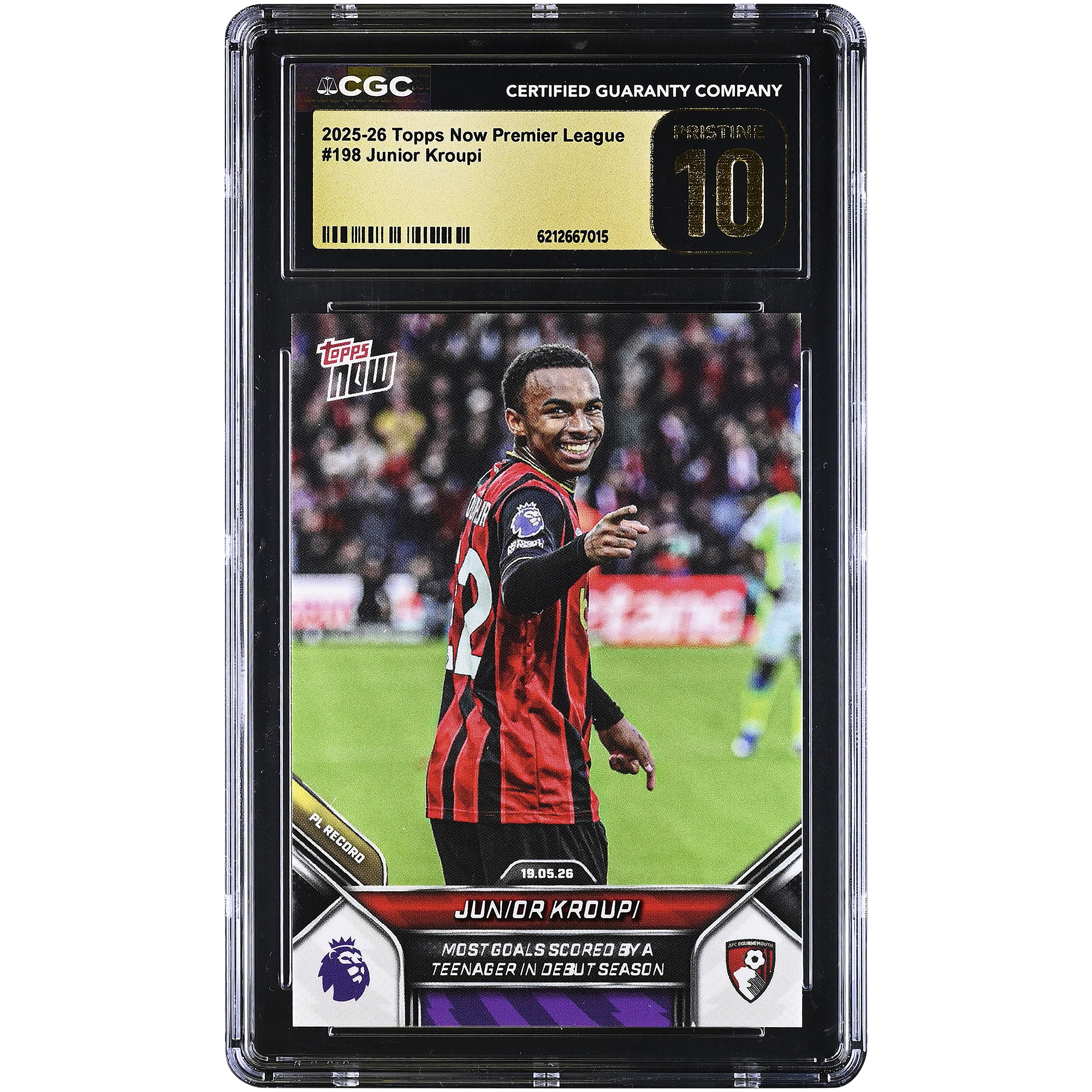 Junior Kroupi AFC Bournemouth 2025-26 Topps Now Premier League Most Goals Scored By a Teenager in Debut Season #198 CGC Authenticated PRISTINE 10 Card