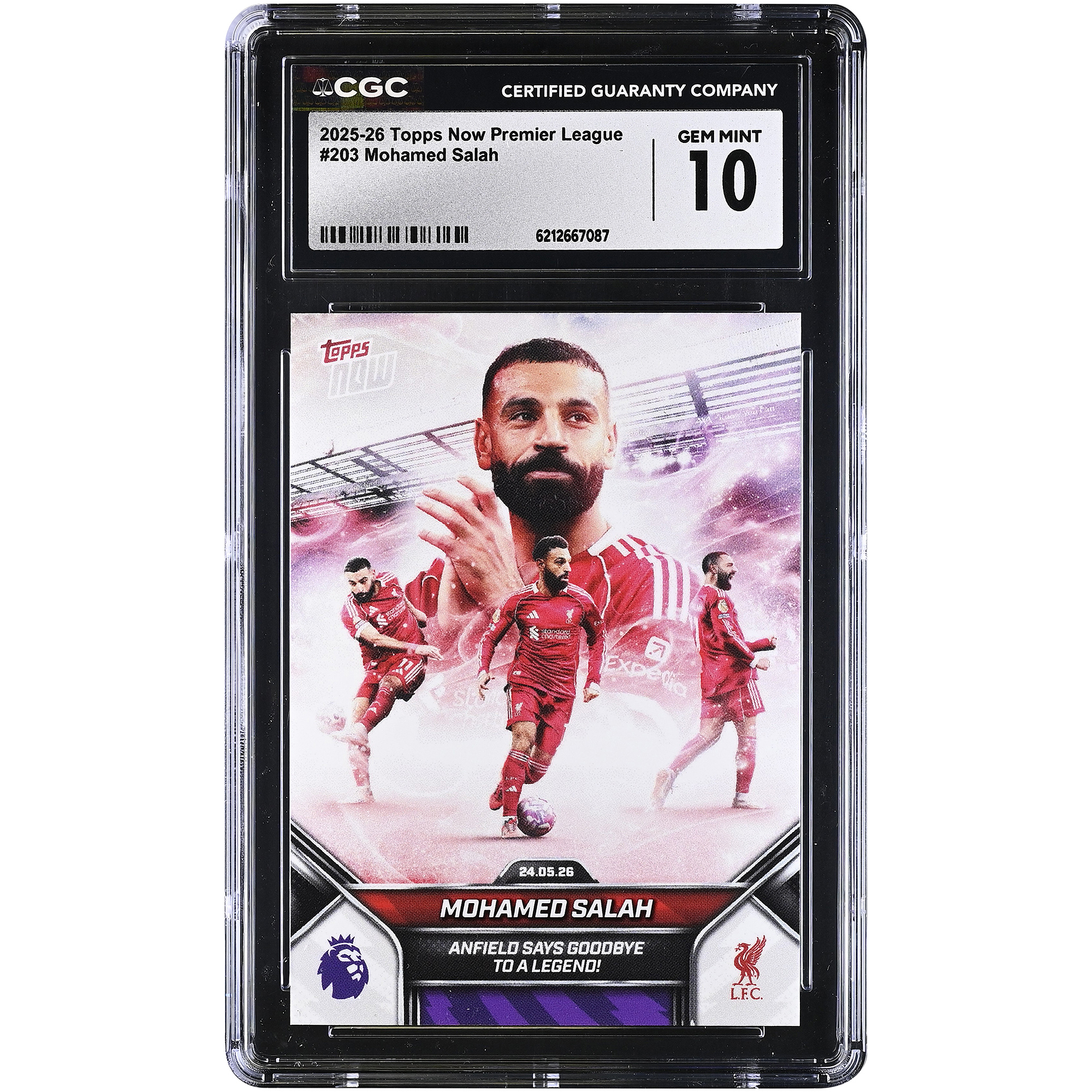 Mohamed Salah Liverpool 2025-26 Topps Now Premier League Anfield Says Goodbye to a Legend! #203 CGC Authenticated GEM MINT 10 Card