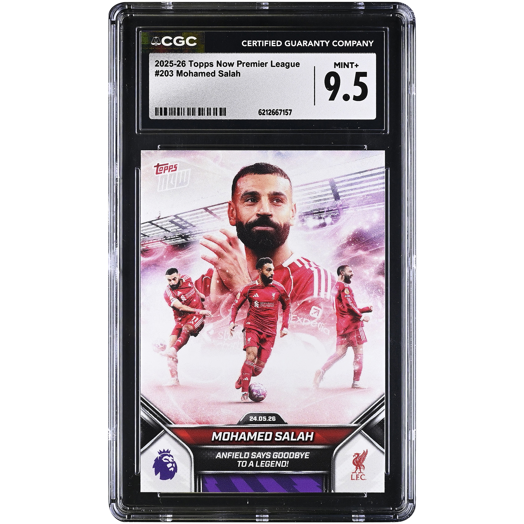 Mohamed Salah Liverpool 2025-26 Topps Now Premier League Anfield Says Goodbye to a Legend! #203 CGC Authenticated MINT+ 9.5 Card