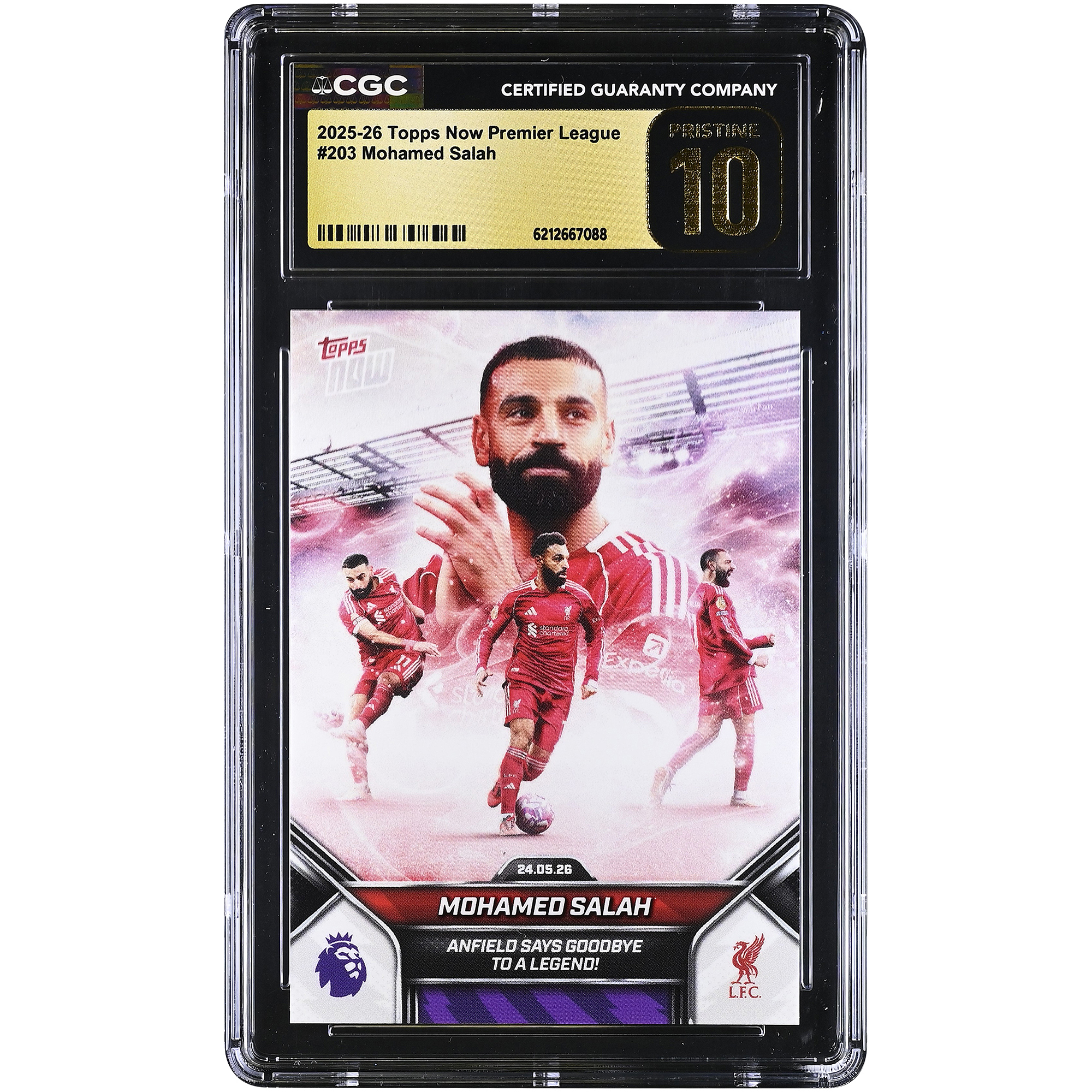 Mohamed Salah Liverpool 2025-26 Topps Now Premier League Anfield Says Goodbye to a Legend! #203 CGC Authenticated PRISTINE 10 Card