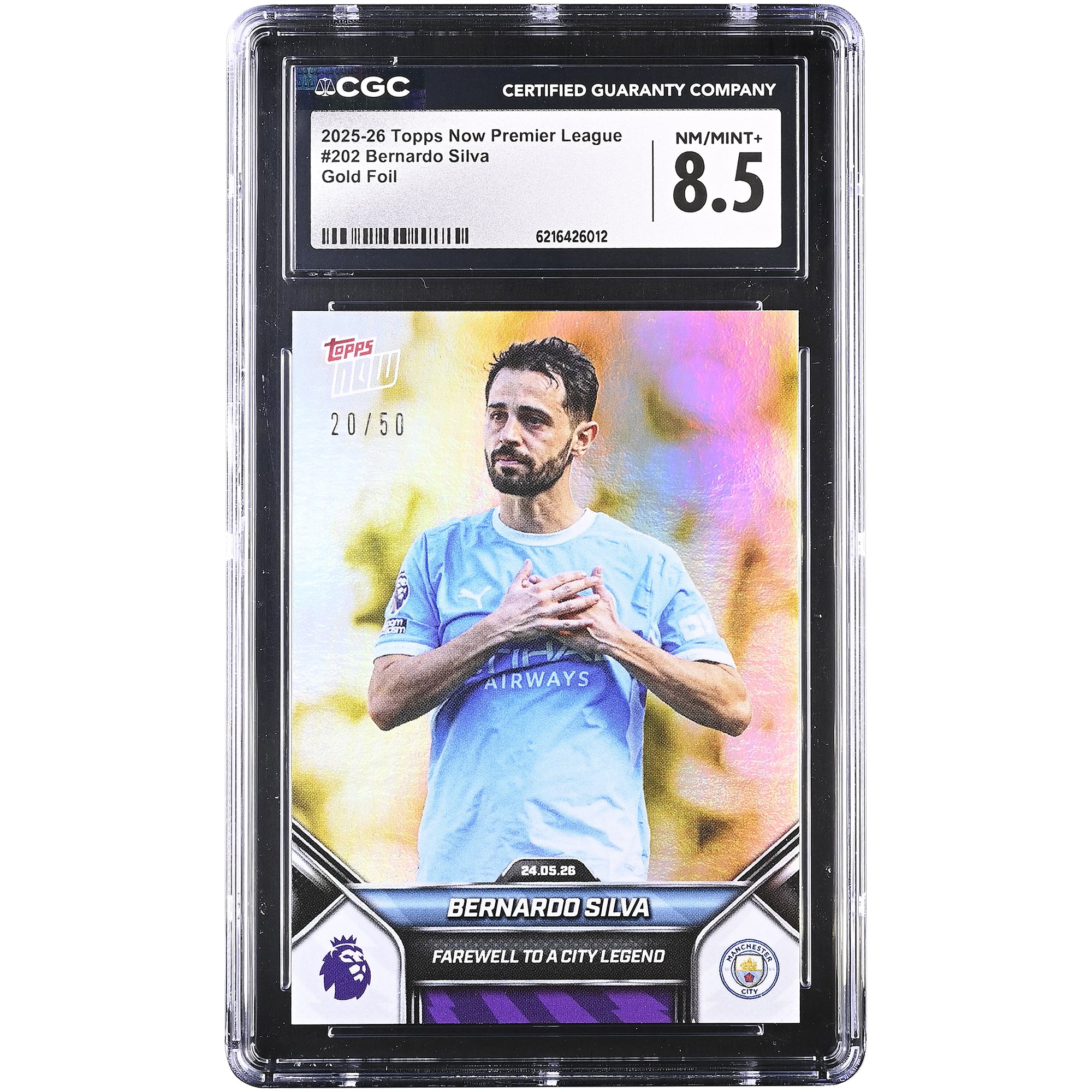 Bernardo Silva Manchester City 2025-26 Topps Now Premier League Farewell to a City Legend Gold Foil #202 #20/50 CGC Authenticated 8.5 Card