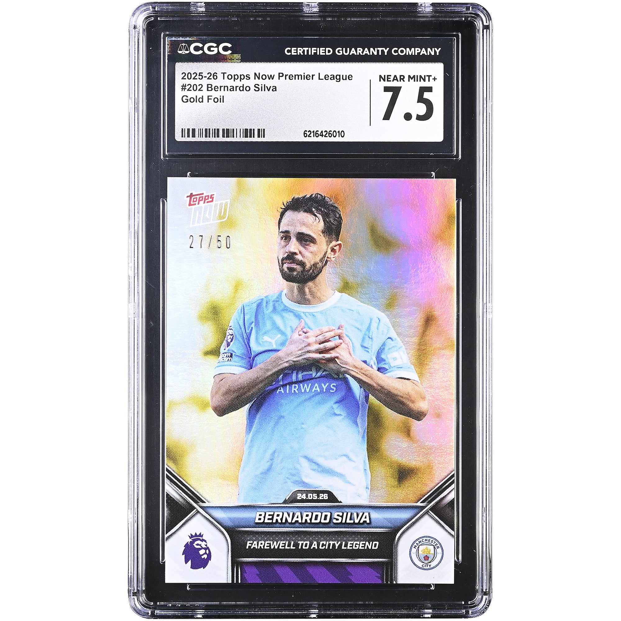 Bernardo Silva Manchester City 2025-26 Topps Now Premier League Farewell to a City Legend Gold Foil #202 #/50 CGC Authenticated Card