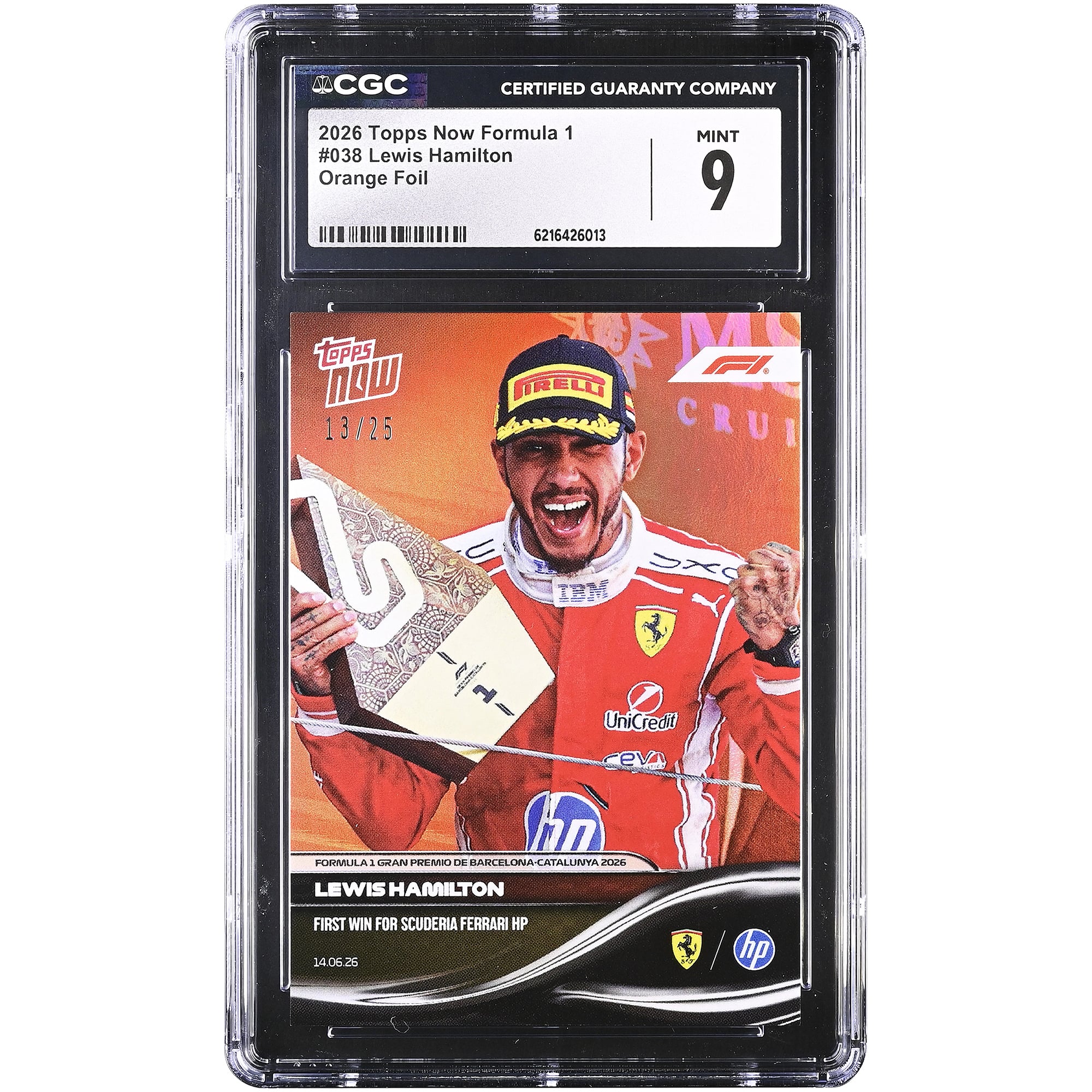 Lewis Hamilton Scuderia Ferrari 2026 Topps Now Formula 1 First Win For Scuderia Ferrari HP Orange Foil #38 #/25 CGC Authenticated 9 Card