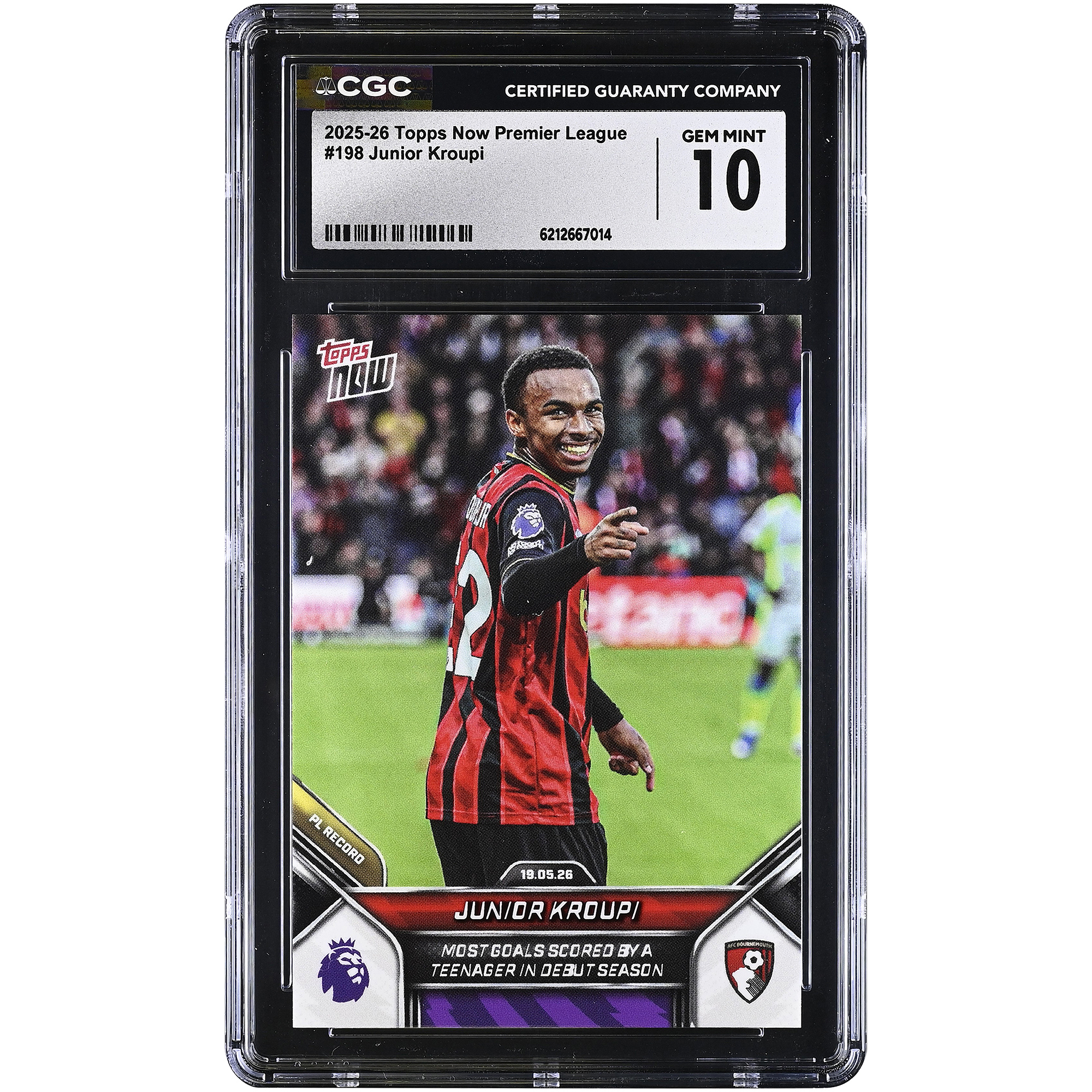 Junior Kroupi AFC Bournemouth 2025-26 Topps Now Premier League Most Goals Scored By a Teenager in Debut Season #198 CGC Authenticated GEM MINT 10 Card