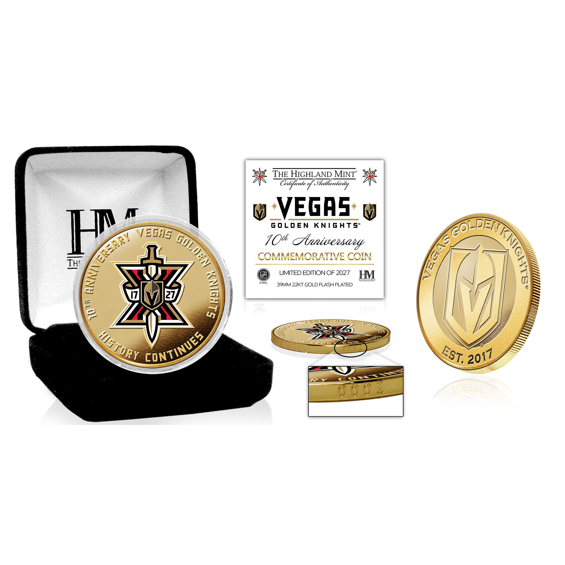 Highland Mint Vegas Golden Knights 10th Anniversary Limited Edition Gold-Plated Color Coin