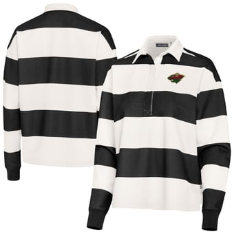 Women's Antigua Black/Cream Minnesota Wild Banner Rugby Long Sleeve Polo