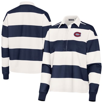 Women's Antigua Navy/White Montreal Canadiens Banner Rugby Long Sleeve Polo