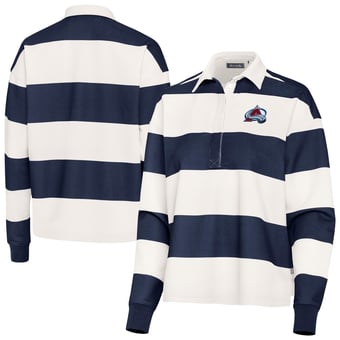 Women's Antigua Navy/White Colorado Avalanche Banner Rugby Long Sleeve Polo