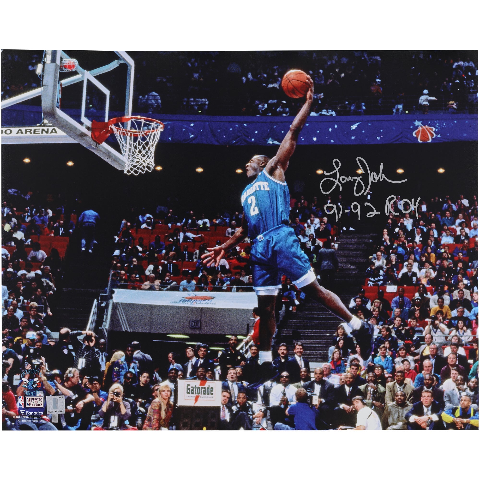 Larry Johnson Charlotte Hornets Autographed 16" x 20" Dunk Contest Photograph with "91-92 ROY" Inscription