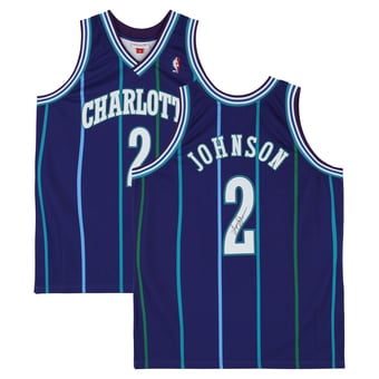 Larry Johnson Charlotte Hornets Autographed Purple Mitchell & Ness 1996 Authentic Jersey