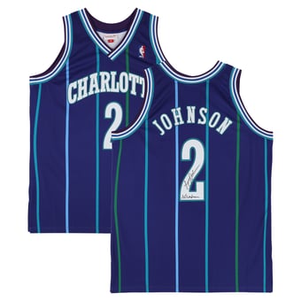 Larry Johnson Charlotte Hornets Autographed Purple Mitchell & Ness 1996 Authentic Jersey with "Grandmama" Inscription