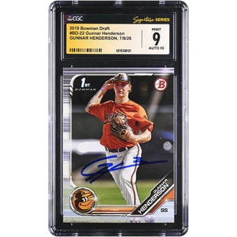Gunnar Henderson Baltimore Orioles Autographed 2019 Bowman Draft #BD-22 CGC Fanatics Witnessed Authenticated 9/10 Card