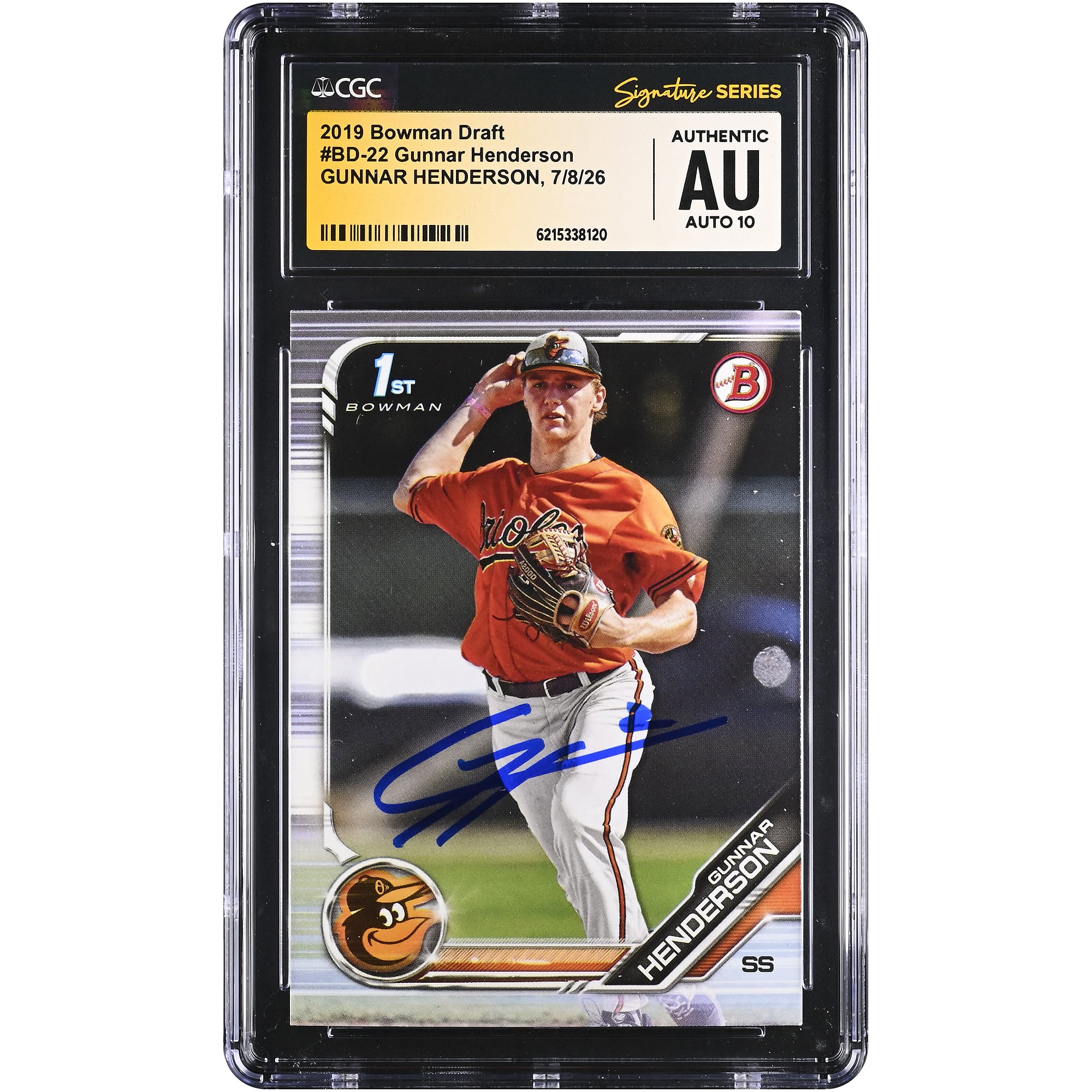 Gunnar Henderson Baltimore Orioles Autographed 2019 Bowman Draft #BD-22 CGC Fanatics Witnessed Authenticated AUTO 10 Card