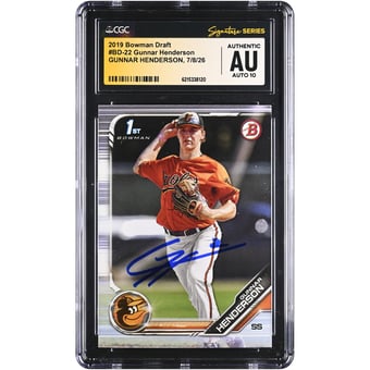 Gunnar Henderson Baltimore Orioles Autographed 2019 Bowman Draft #BD-22 CGC Fanatics Witnessed Authenticated AUTO 10 Card