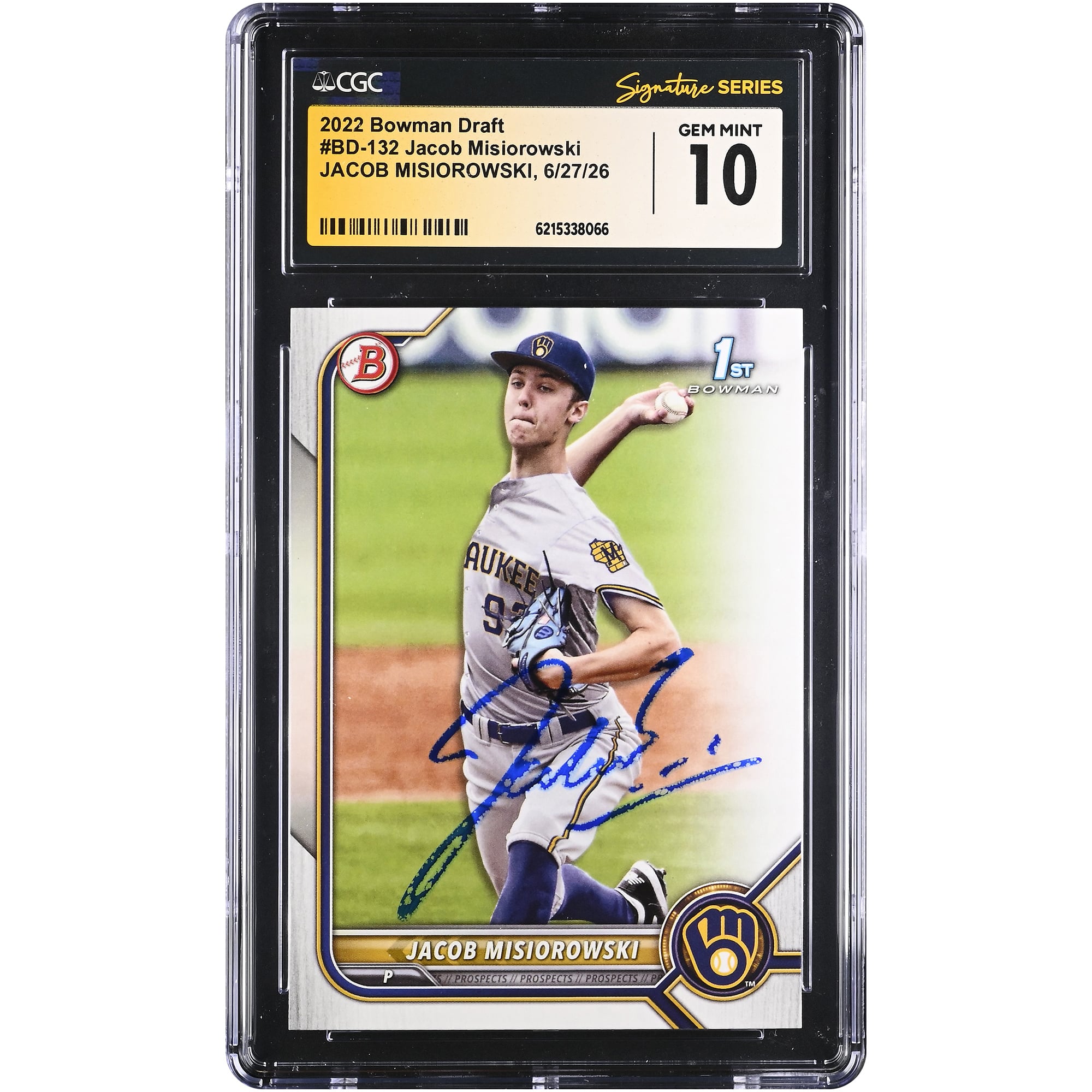 Jacob Misiorowski Milwaukee Brewers Autographed 2022 Bowman Draft #BD-132 CGC Fanatics Witnessed Authenticated GEM MINT 10 Card