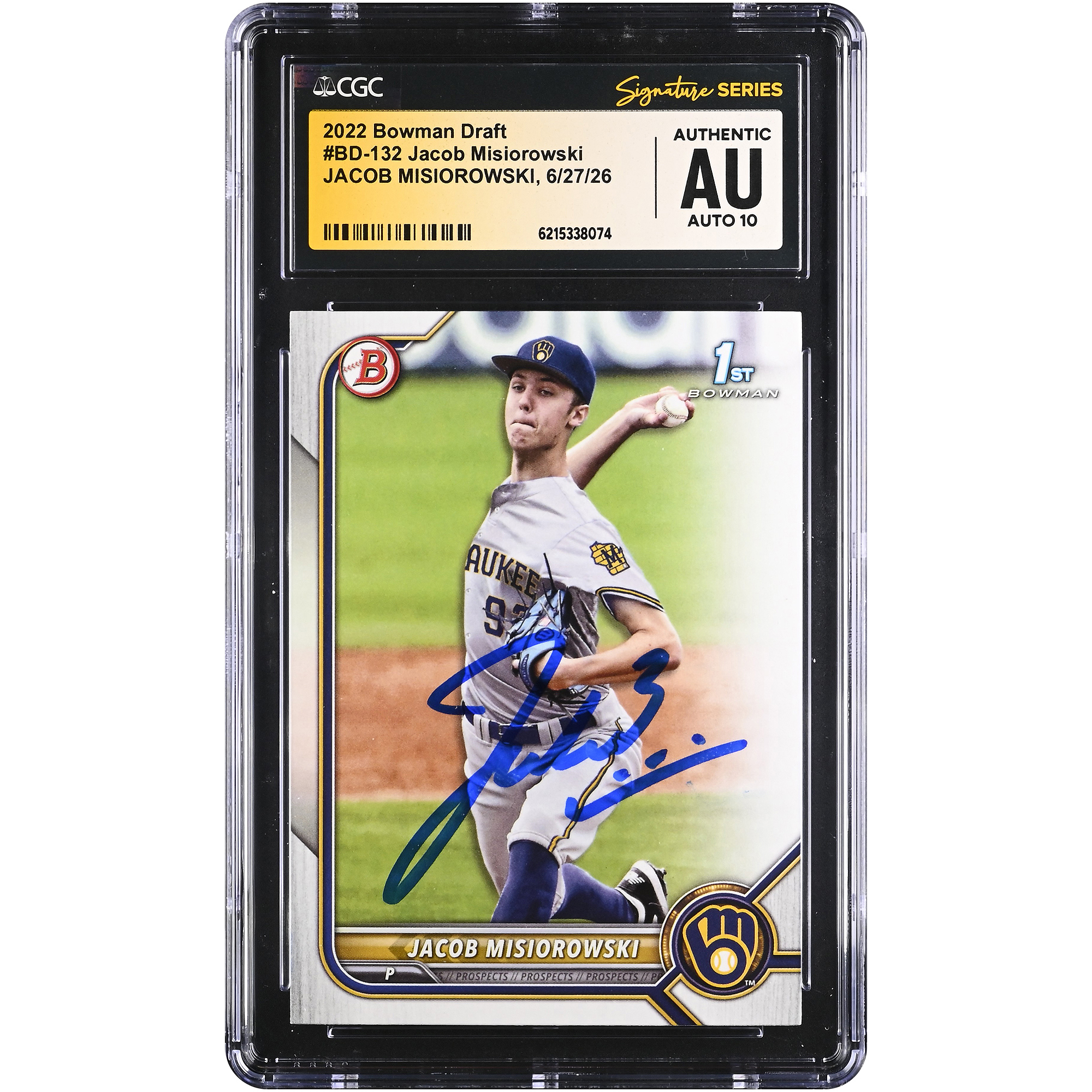 Jacob Misiorowski Milwaukee Brewers Autographed 2022 Bowman Draft #BD-132 CGC Fanatics Witnessed Authenticated AUTO 10 Card