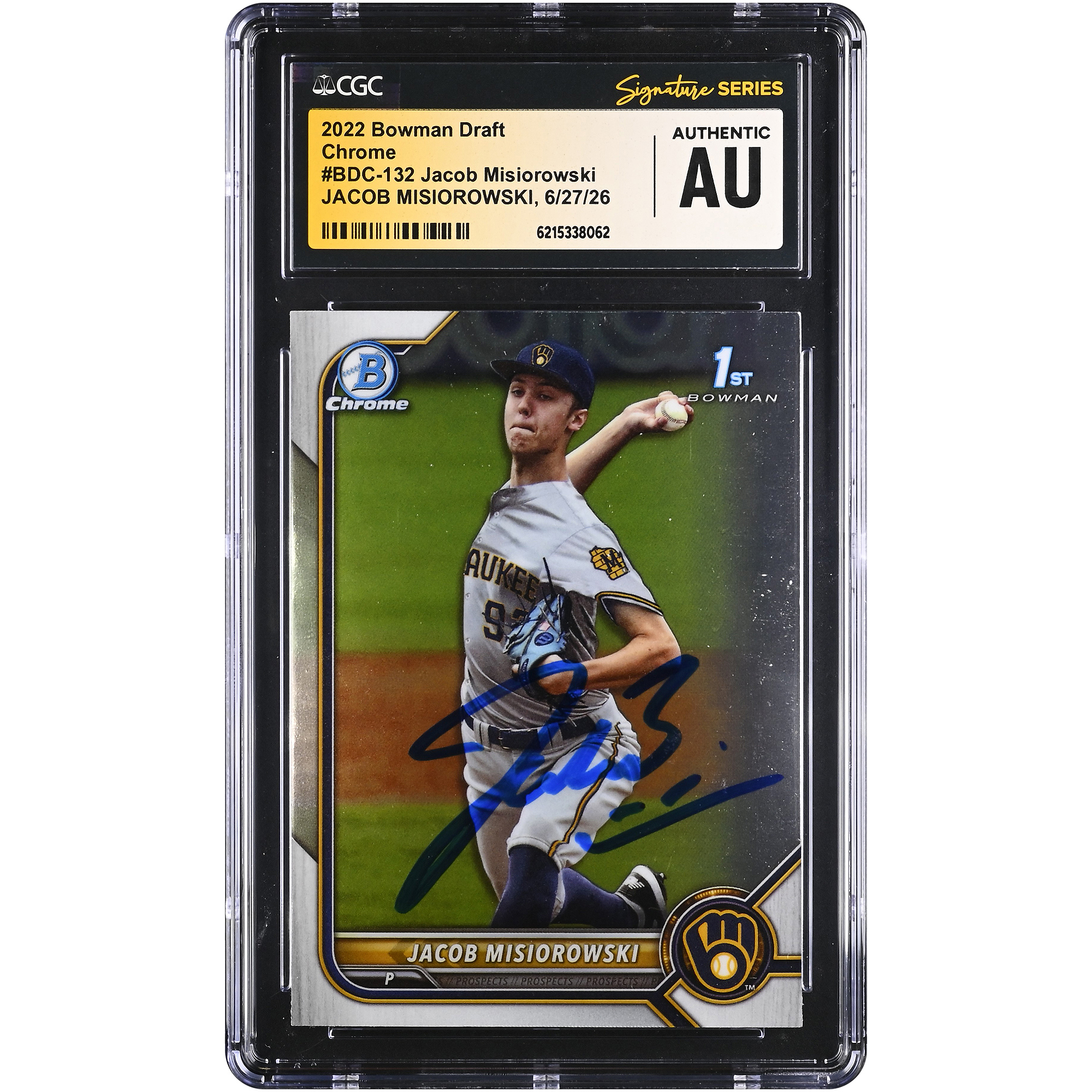 Jacob Misiorowski Milwaukee Brewers Autographed 2022 Bowman Draft Chrome #BDC-132 CGC Fanatics Witnessed Authenticated Card