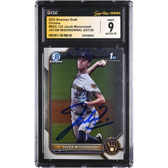 Jacob Misiorowski Milwaukee Brewers Autographed 2022 Bowman Draft Chrome #BDC-132 CGC Fanatics Witnessed Authenticated Card
