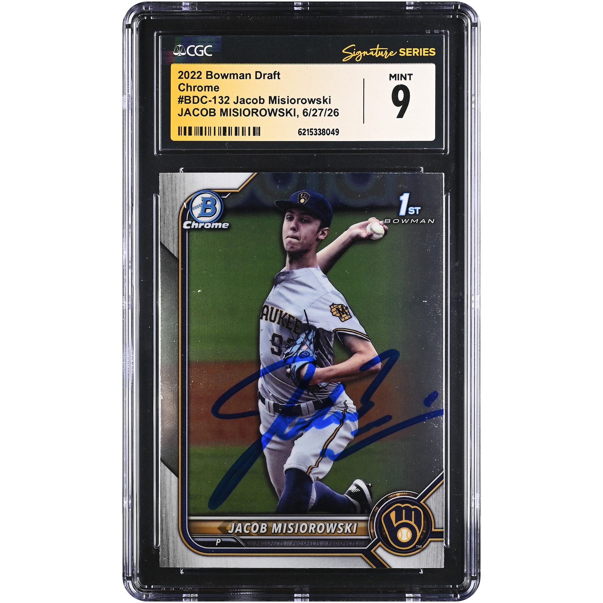 Jacob Misiorowski Milwaukee Brewers Autographed 2022 Bowman Draft Chrome #BDC-132 CGC Fanatics Witnessed Authenticated MINT 9 Card